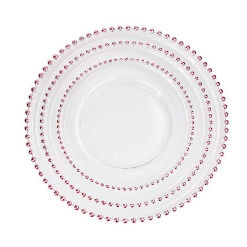 

Glass Charger Plate with Decorative Gold Silver Beaded Rim 8 10.5 12.5 inch Round Dinner Service Tray for Wedding Party