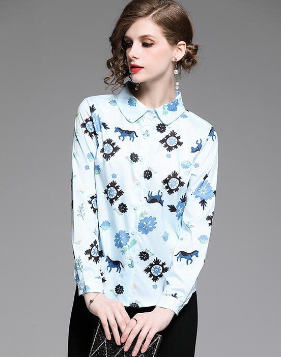 

fashion blue flora printed long sleeve women blouses women shirts spring summer shirts lapel neck fashion ladies shirts