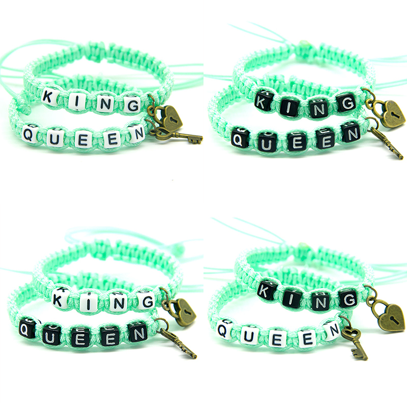 

2pcs/pair Couple Bracelets Fashion Solid Green King And Queen With Key Lock Rope Chains Lovers Gifts Handmade Charm Bracelets