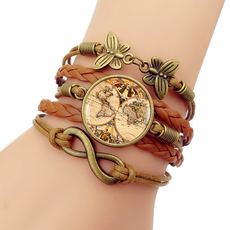 

World Map Time Bracelet Multi-storey Manual Weave Glass Cortex Group Combine