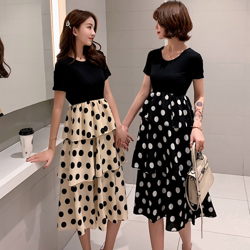 

Women Dot Chiffon Layers Ruffles Party Dress Female Vestidos 2020 Summer New Sexy O-Neck Slim Vintage A-line Cake Dress, Black