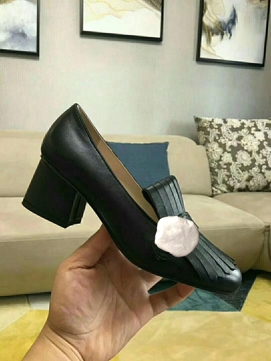 

Classic Mid heeled boat shoe Designer leather Thick heel high heels 100% cowhide Tassels Round head Metal Button women Dress shoes Large size 34-42 us4-us11, Brown [2.5cm]