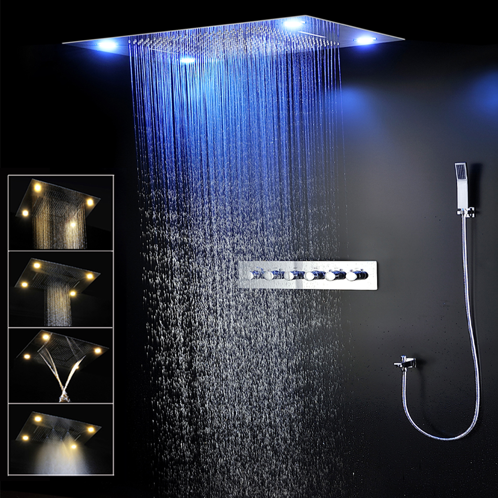 Bathroom Luxury Large Shower Set 600*800MM LED ShowerHead Rainfall Waterfall SPA Mist Faucets With 5 Ways Cold and Hot Mixer Valve-image-439480321