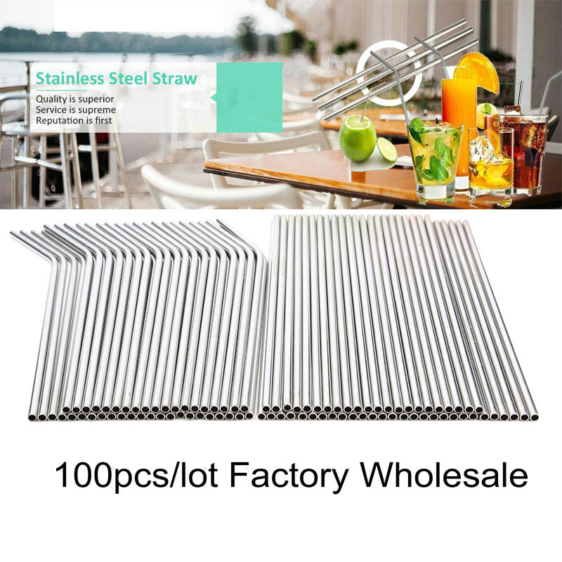 

100pcs/lot Metal Straw Reusable Wholesale Stainless Steel Drinking Tubes 260mm*6mm Straight Bent Straws For Drink