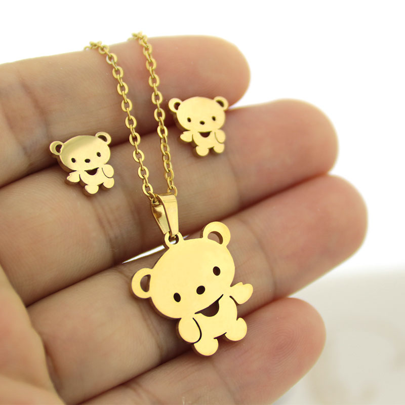 Haute Qualité Acier Inoxydable Titane Acier Cartoon Bear Collier Boucles d/'oreilles Jewelly Set
