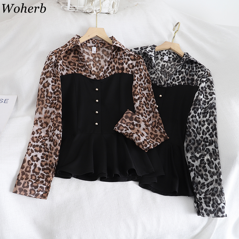 

Woherb Women Retro Contrast Color Patchwork Blouse Long Sleeve Leopard Shirts Female Korean Office Casual Stylish Tops Blusas, Black