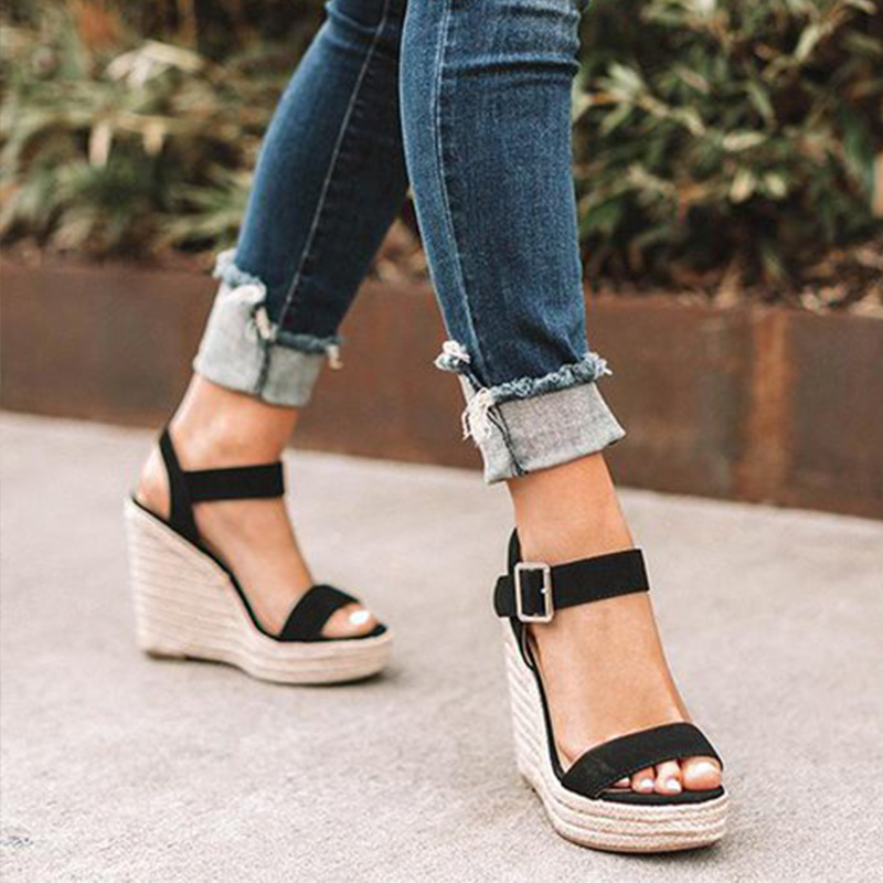 

Summer Women Wedge Sandals Buckle Female Casual PlatForm High Increas Shoes Ladies Fashion Ankle Strap Open Toe Sandals, Black
