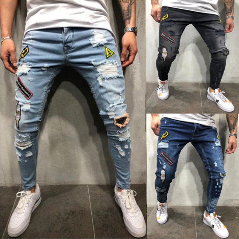 

New Men's Fashion Hole Repair Slim Trend Jeans Scratches High Quality Jeans Stretch Hollow Tight Riding Patch Print, Blue