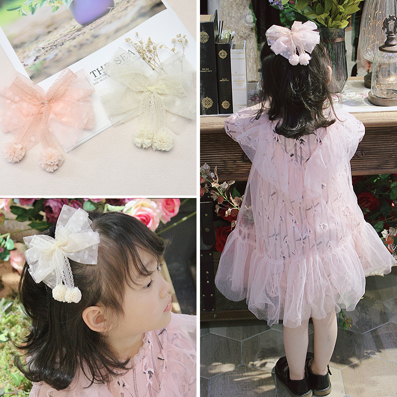 

Boutique ins 10pcs Fashion Cute Dot Stain Ribbon Bow Hairpins Solid Gauze Pom Pom Lace Bowknot Hair Clips Princess Headwear, Pink