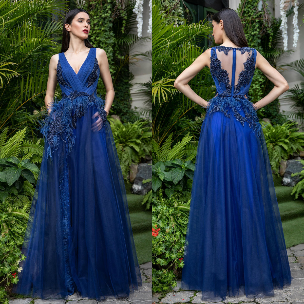 

2020 Elegant Evening Dresses V Neck Lace Appliques Beads Feather Prom Gowns High Side Split Sweep Train A Line Special Occasion Dress, Brown