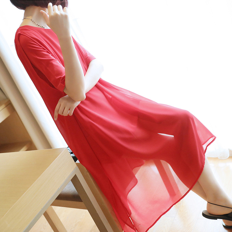 

Korean version of the ladies loose chiffon dress 2019 summer new women' long solid color split short, Blue