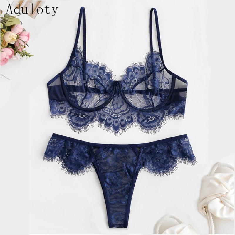 

Aduloty Ultrathin Perspective sexy push up Babydoll bra underwear briefs Underwire Lace Eyelash Lingerie Set, Blue