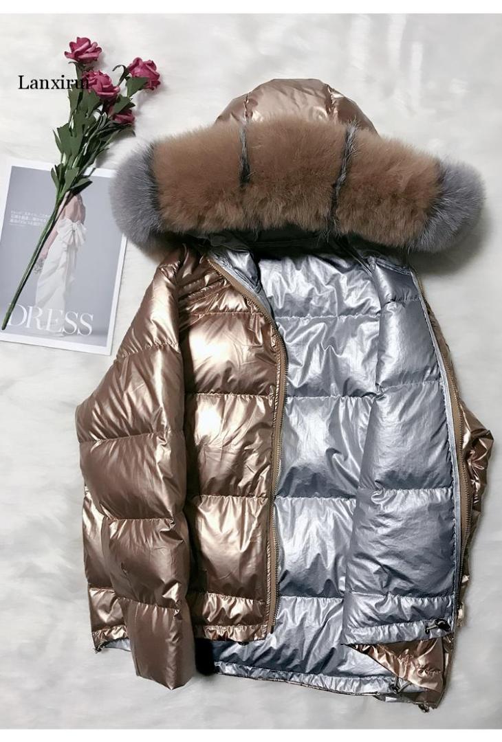 

Women Down Coats Jackets Warm Woman Down Parka Two Sides Wears Fur Jacket Women Glossy Pink Coat Clothes 2019 Plus Size, Gold