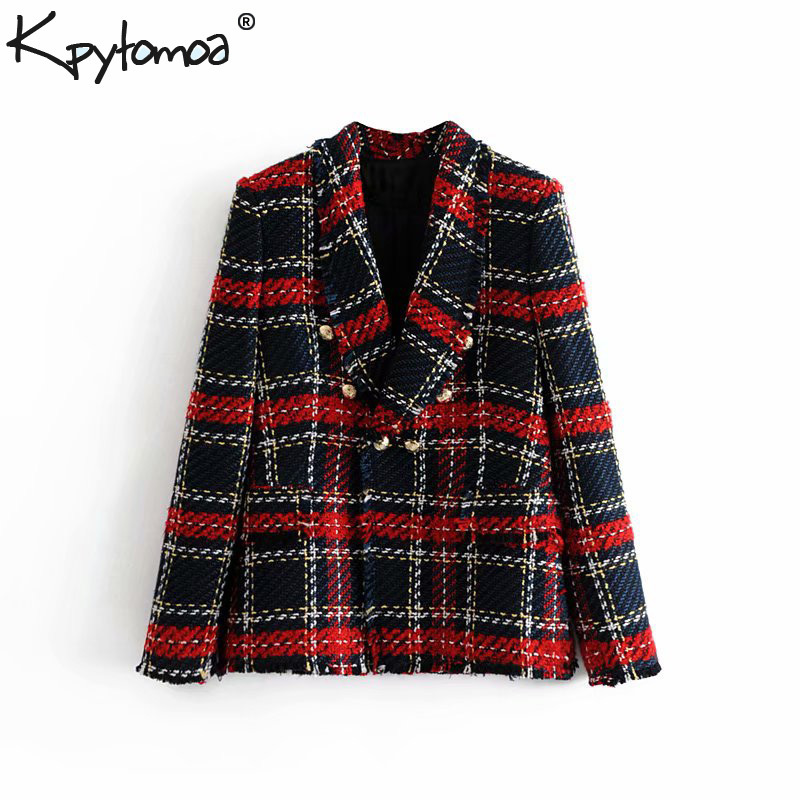 

Vintage Double Breasted Frayed Checked Tweed Blazers Coat Women 2019 Fashion Pockets Plaid Ladies Outerwear Casual Casaco Femme C18122401, As picture