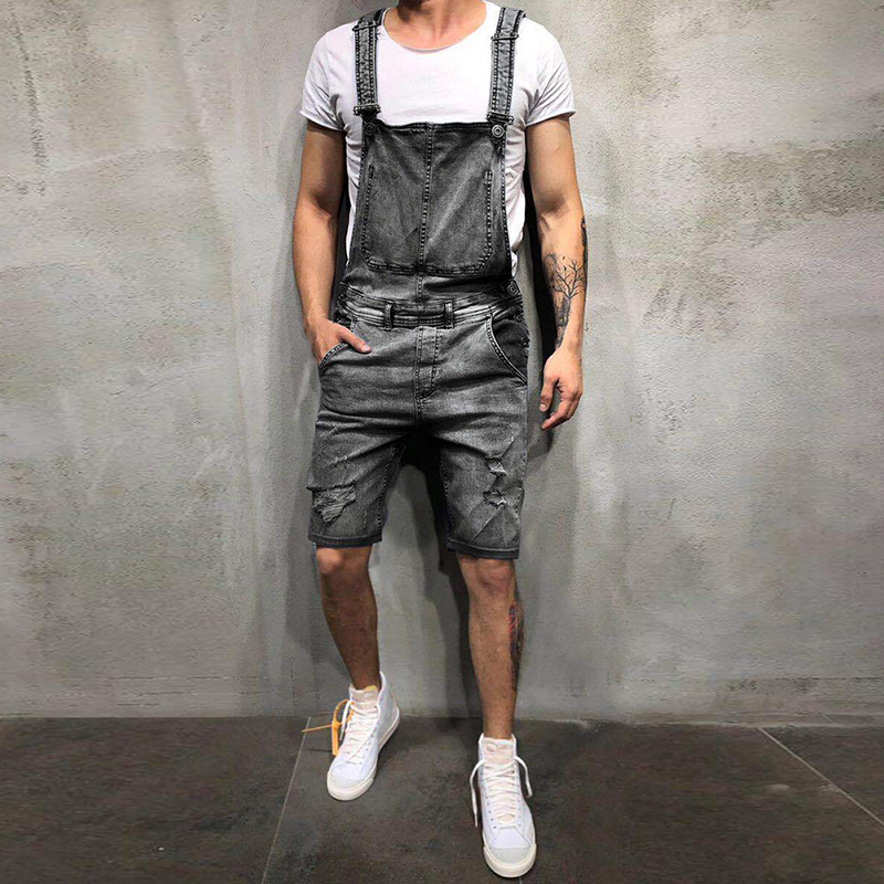 

2019 Oversize Fashion Men' Ripped Jeans Jumpsuits Shorts Summer Hi Street Distressed Denim Bib Overalls For Man Suspender Pants, Blue1