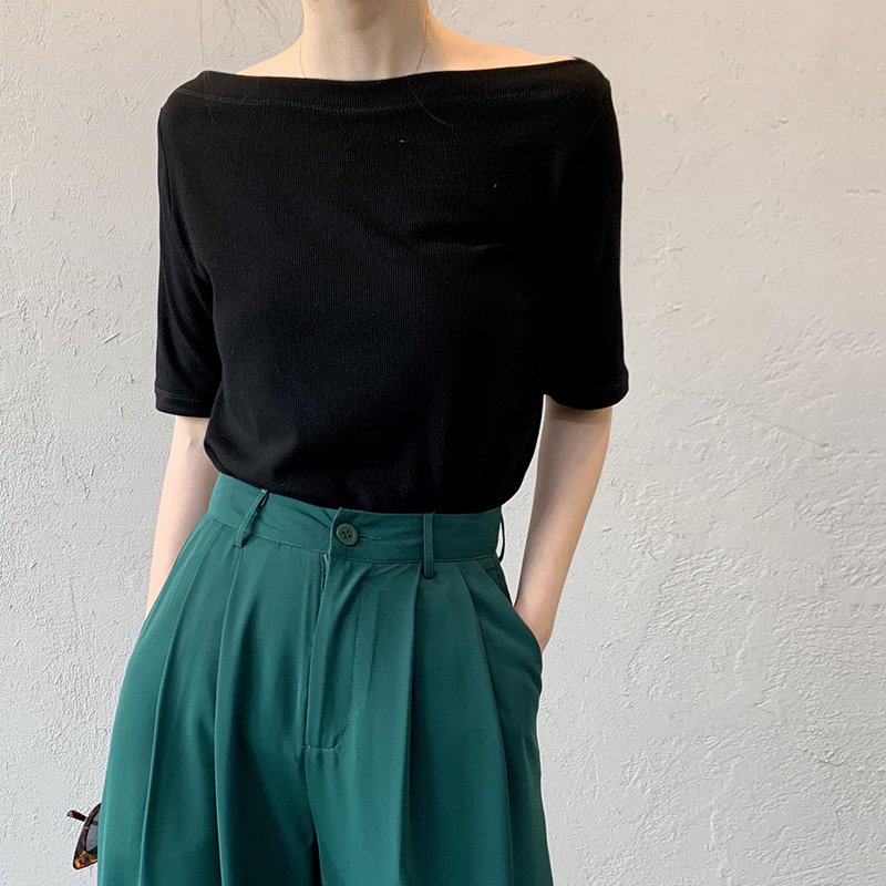 

2020 Summer Sexy Off The Shoulder Pure Color T Shirts Women Short Sleeve T Shirt Harajuku Casual Tops For Women White Tees, Black