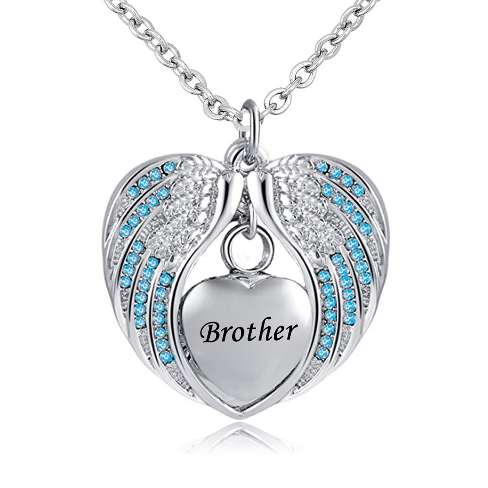 

Brother Angel Wing Urn Necklace for Ashes Cremation Memorial Stainless Steel Heart Keepsake Birthstone crystal Pendant Necklace Jewelry