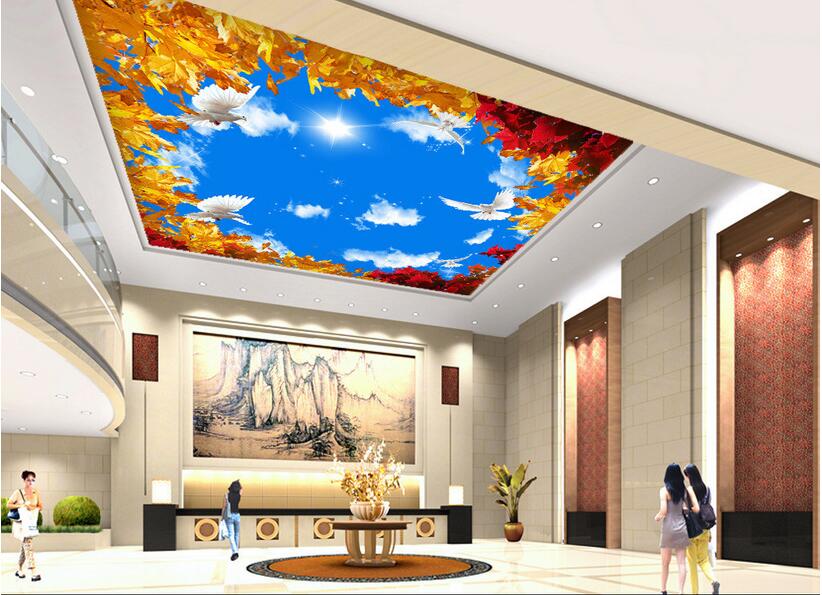 

3d ceiling murals wallpaper custom photo Autumn Golden Sycamore Leaf Blue Sky Cloud White Dove 3d wall mural wallpaper for walls 3 d, Non-woven