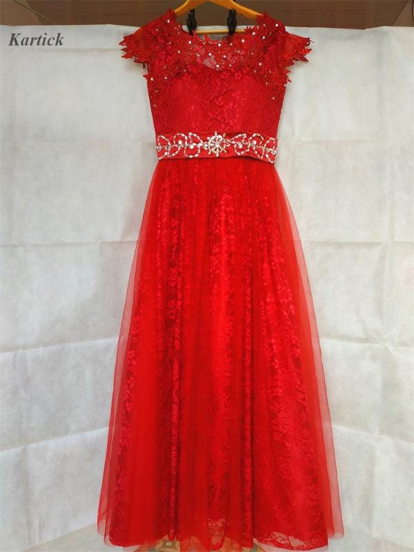 

New Elegant Evening Dresses Lace Tulle Cap Sleeve V-Back Ball Prom Party Pageant Graduation Formal Dress/Gown Women Girls Dress, Red