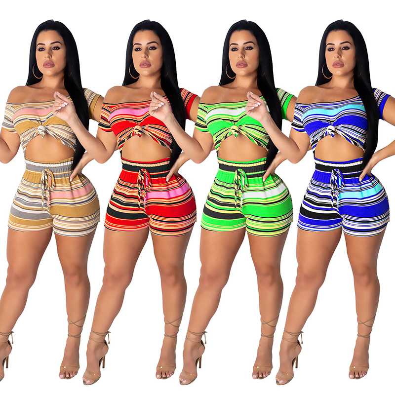 

Women Summer Short Sleeve Crop Top Shorts Tracksuit Two Piece Set Stripe Print Overalls Streetwear 2pcs set Femme Suit, White