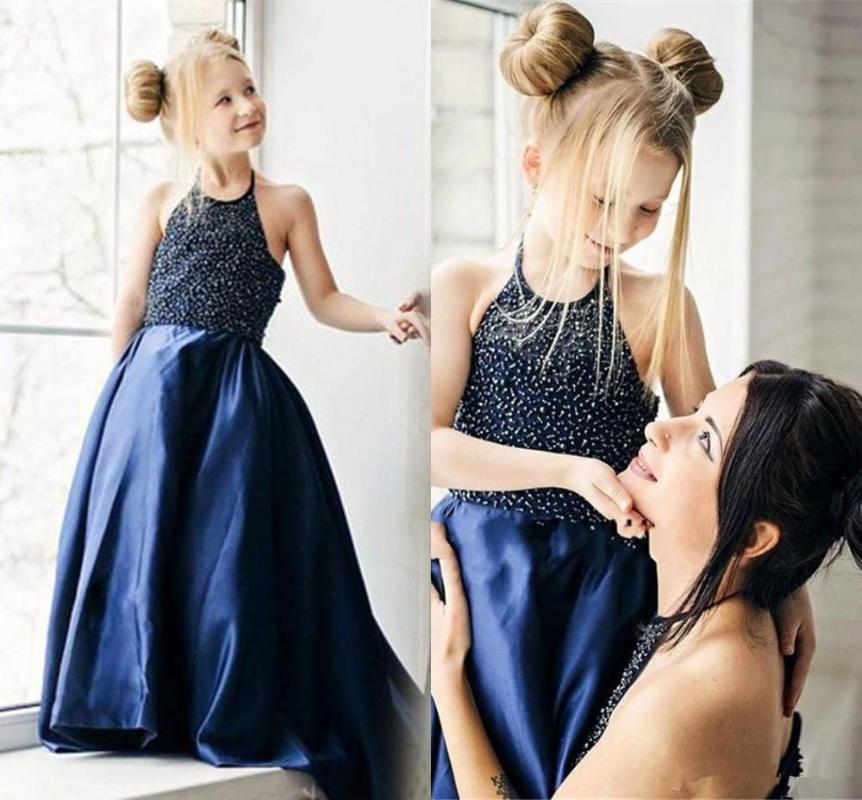 

Halter Neck Sleeveless Flower Girls' Dresses for Weddings Beaded Long Sweep Satin A Line Princess Birthday Party Gowns, Black