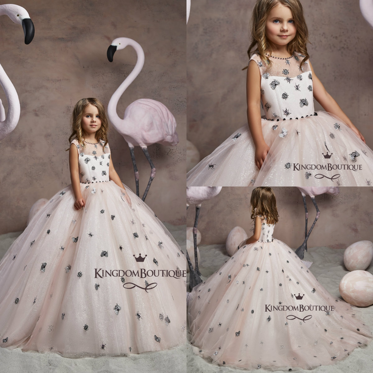 

Cute Jewel Neck Flower Girl Dresses For Wedding Lace Appliques Ball Gown First Communion Dress Tulle Custom Made Girls Pageant Gowns, Champagne