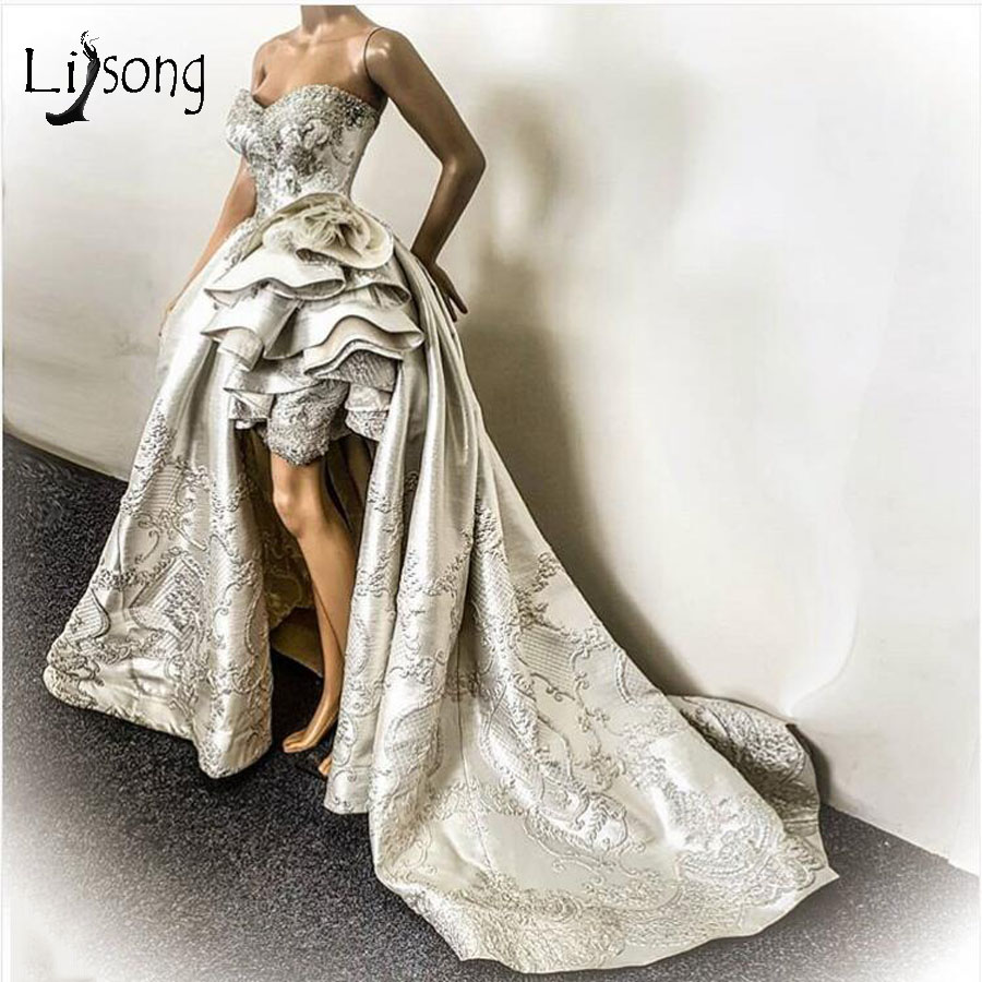 

Silver Arabic Hi-Lo Prom Dresses With Attacged Train Sexy High Side Split Lace Appliqued Evening Gown Formal Party Dress, Gold