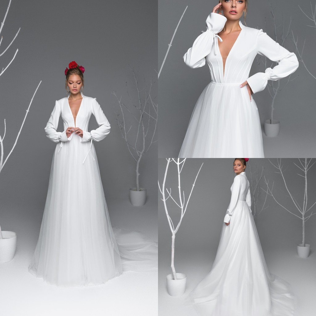 

2020 Modest Eva Lendel Long Sleeve V Neck A Line Pleats Wedding Dresses Tulle Sweep Train Wedding Gowns Simple robe de mariée, White