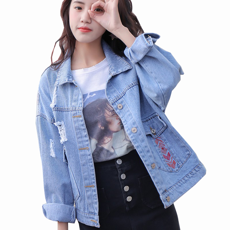 

2019 BF Wind Heavy Industry Embroidery Wash Denim Female Jacket Fashion Loose Jacket Women Long Sleeve Coat Female Large Size, Dark blue