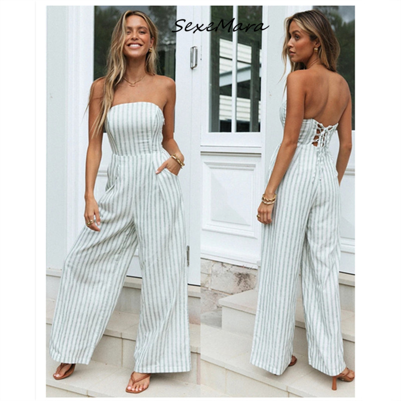 

Women Jumpsuits Striped Print 2020 Summer Casual Elegant Sleeveless Hot-sale Strapless, As pic