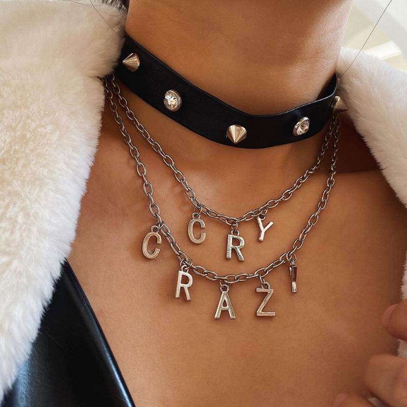 

Pendant Necklaces Gothic Steampunk Rivet Leather Choker Necklace "CRAZY" Letters Neck Accessories For Women Men Jewelry