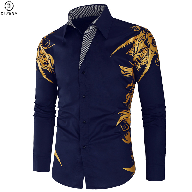

Men Gold Bronzing Shirts Blouse Features Printed Streetwear Hip Hop Mens Shirt Dress Casual Slim Fit Long Sleeved Chemise Homme, White