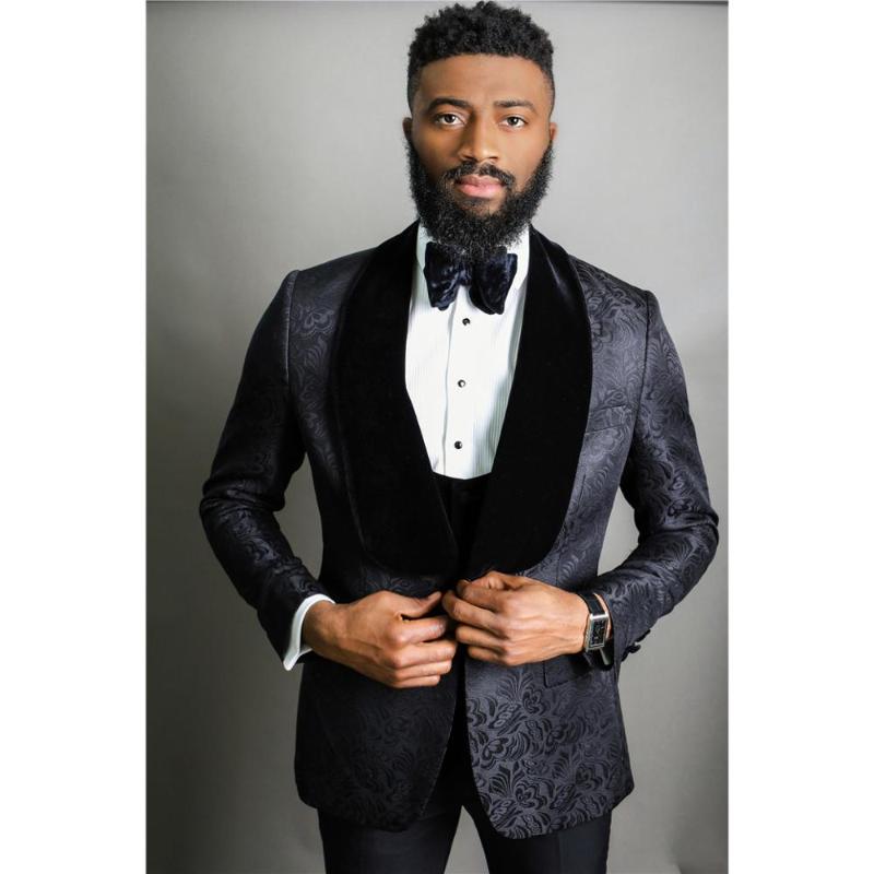 

Groom Tuxedos Suits Best Men Shawl Lapel Custom Made Embossing Wedding Men Grooms 3 Pieces ( Jacket+Pants+Vest+Tie ) E61, Same the picture