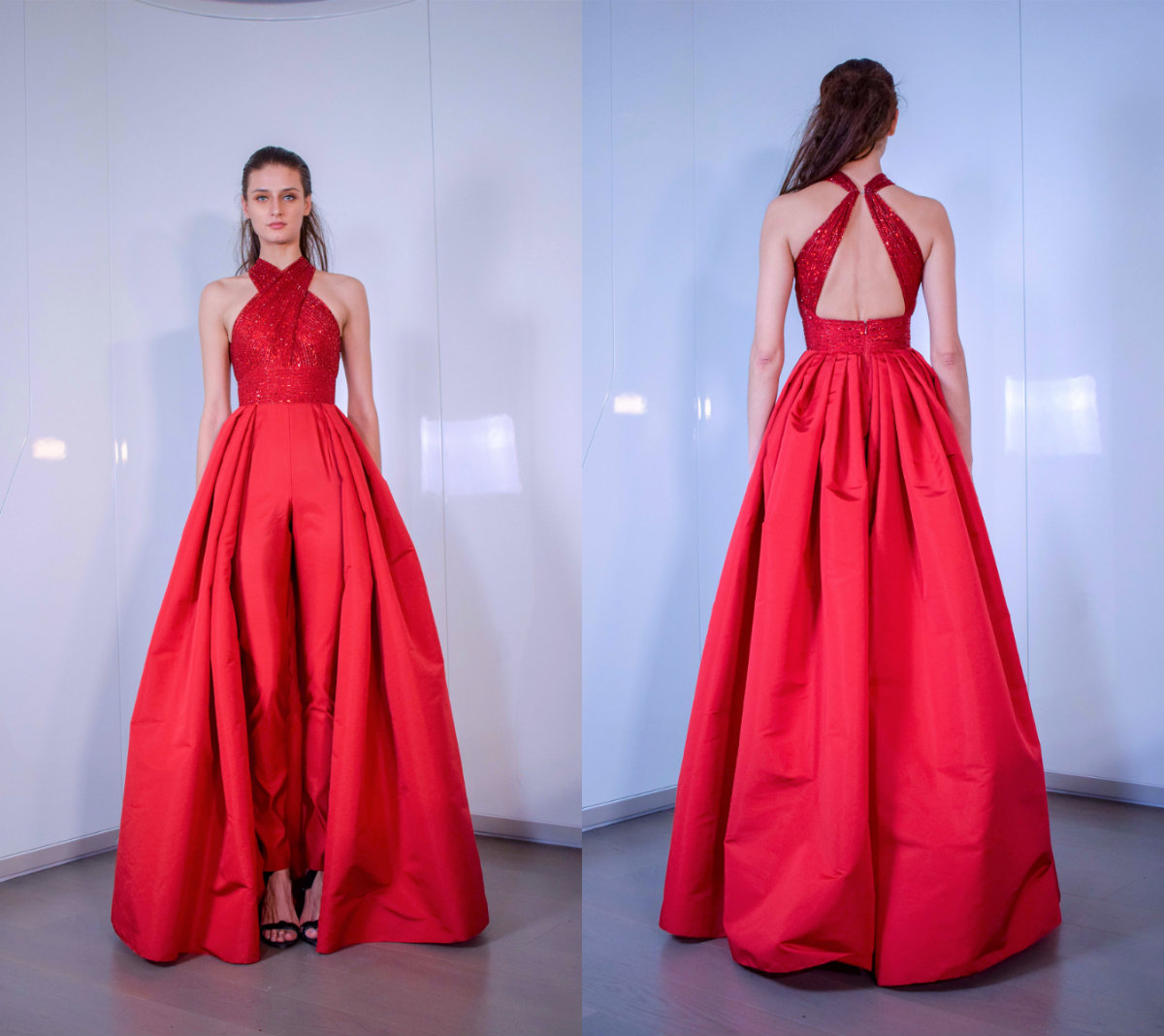 

2019 Red Jumpsuits Women Prom Dresses New Halter Satin Women Jumpsuits With Long Train Evening Gowns Formal Party Dress robes de soirée, Same as picture