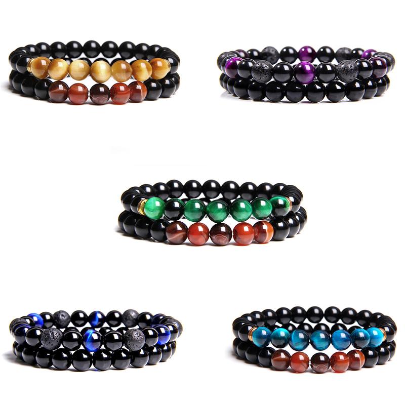 

2 Pcs Couples Bracelets Men Polished Black Onyx Beads Bracelet For Women Healing Energy Green Tiger Eye Stone Bangle Jewelry