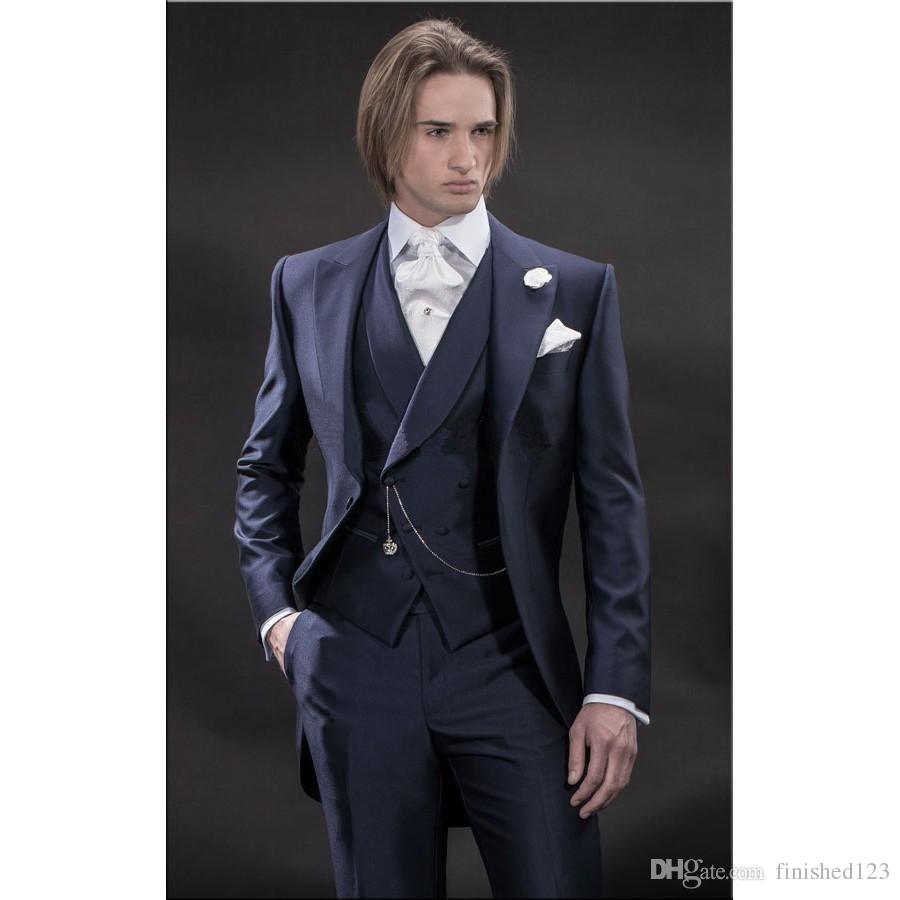 

New Arrival One Button Navy Blue Groom Tuxedos Peak Lapel Groomsmen Men Wedding Party Suits (Jacket+Pants+Vest+Tie) NO:2173, Same as image