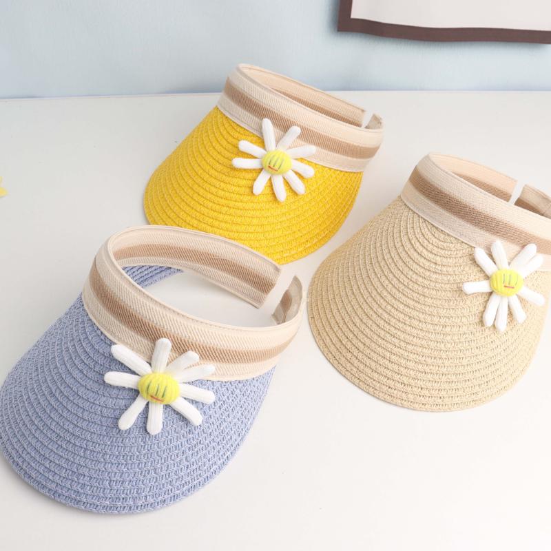 

Cute Children Straw Hat Flower Summer Hats For Baby Girl Boy Sun Visor Hat Kids Empty Top Beach Panama Cap gorros, Blue hat