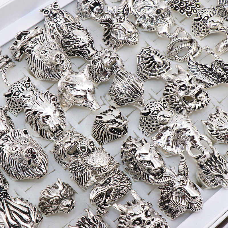 

Gothic Punk Ring Men Retro Dragon Snake Tiger Wolf Owl Peacock leopard Mix Style Unisex Animal Ring Jewelry