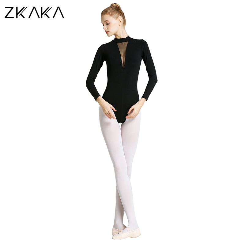 

ZKAKA Ladies Ballet Sheer Deep V Mesh Leotard, Black
