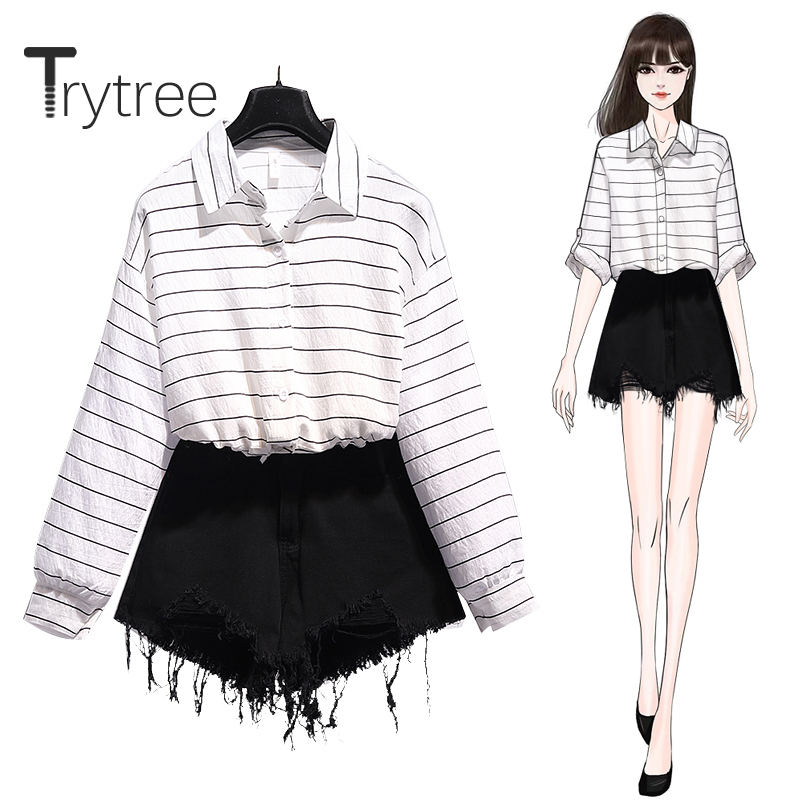 

Trytree 2020 Spring Woman Two Piece Set Casual Turn-down Collar Stripe Blouse Top + Short Solid Black Tassel Pockets 2 Piece Set