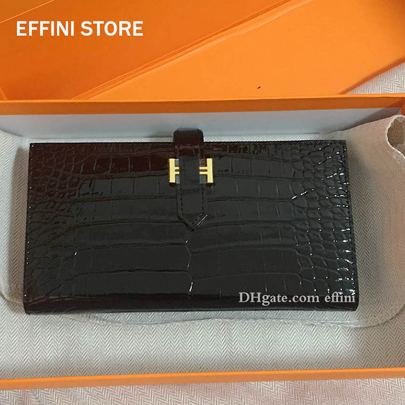 

Classic bright wallets genuine leather CROCODILE embossed 2022 new womens credit card holder money clips lady long wallets, Light brown gold hardware