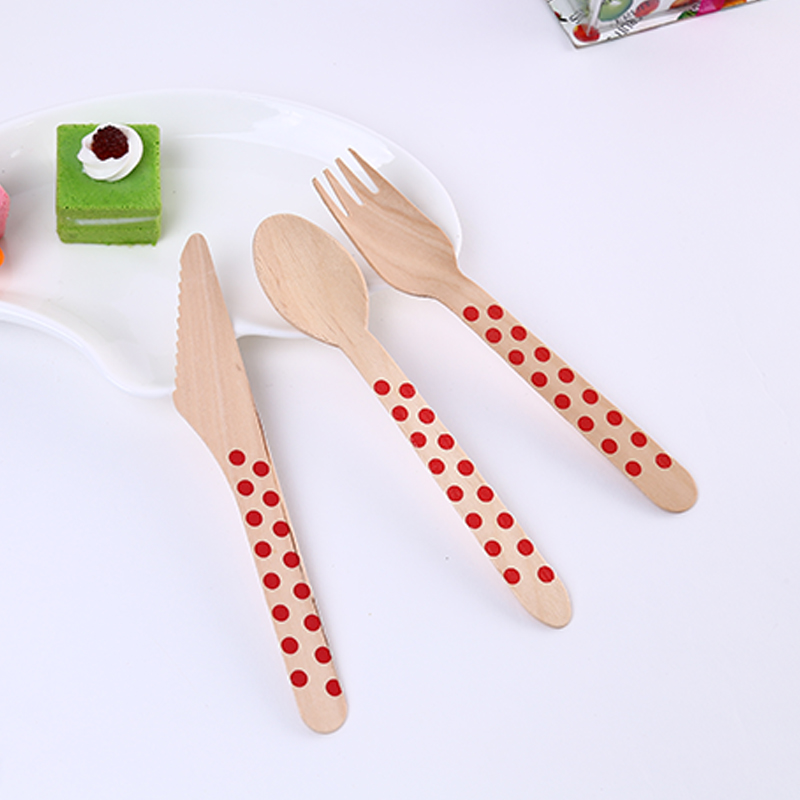

6Set/lot Multicolor Polka Dot Birch Disposable Wooden Tableware Fork Spoon Knife Set Cutlery for Party of Wedding Kids Birthday