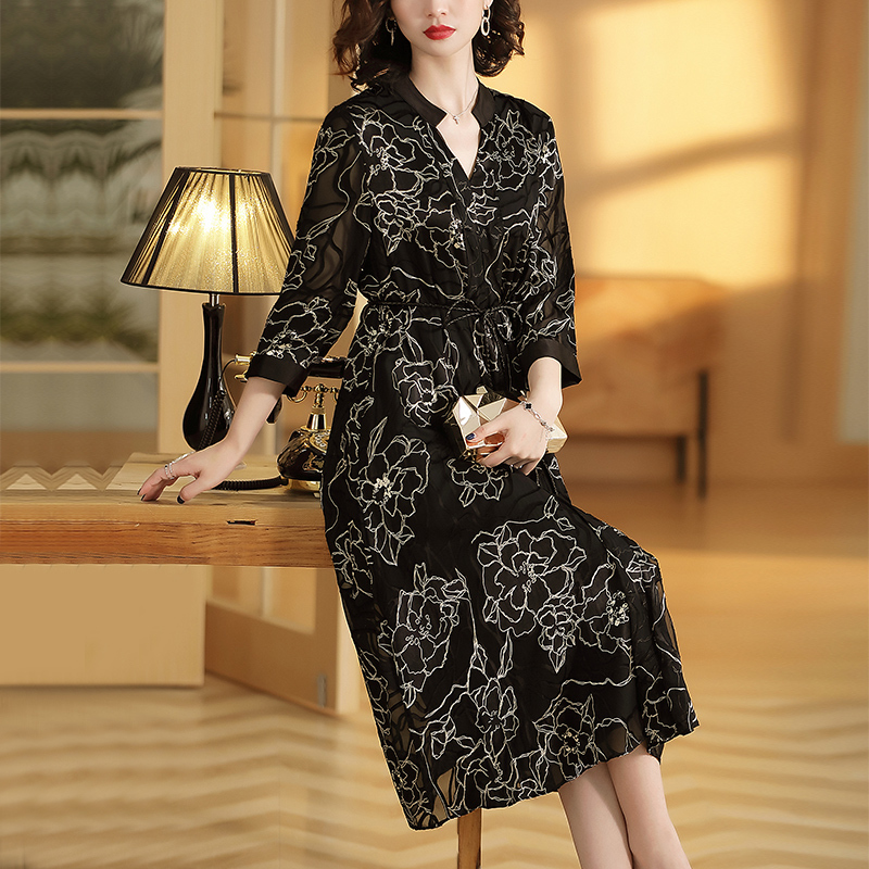 

Party Dress Women Elegant Print Dress Vintage Print Maxi Dresses Spring Autumn Black Verano HCL196086 YY2513