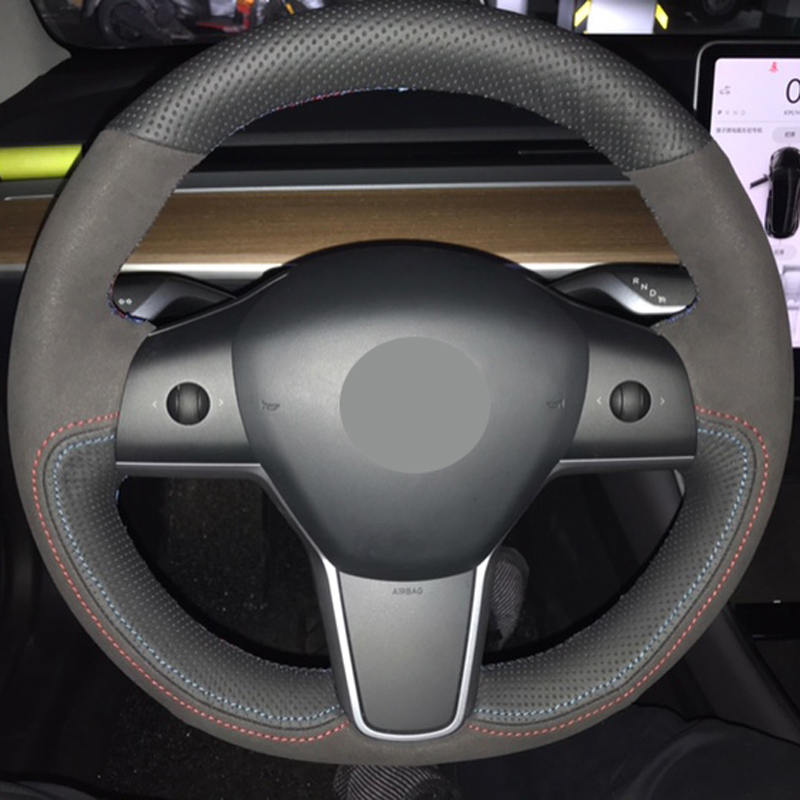 

DIY Hand Sewing Car Steering Wheel Cover Suede Cow Leather Volant Braid on the Steering wheel For Tesla Model 3 2017 2018 2019