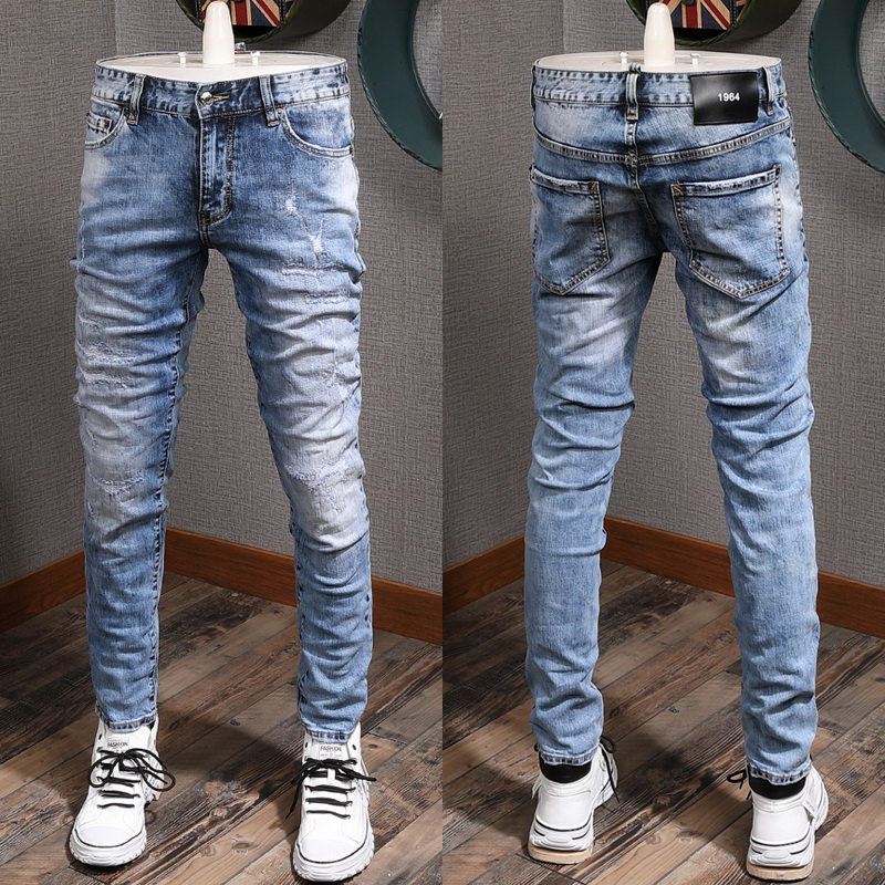 

Embroidery Patchwork Distressed Blue Jeans Mens Fashion Skinny Fit Denim Pants Popular Design Sale Trim Fit, D2-8158