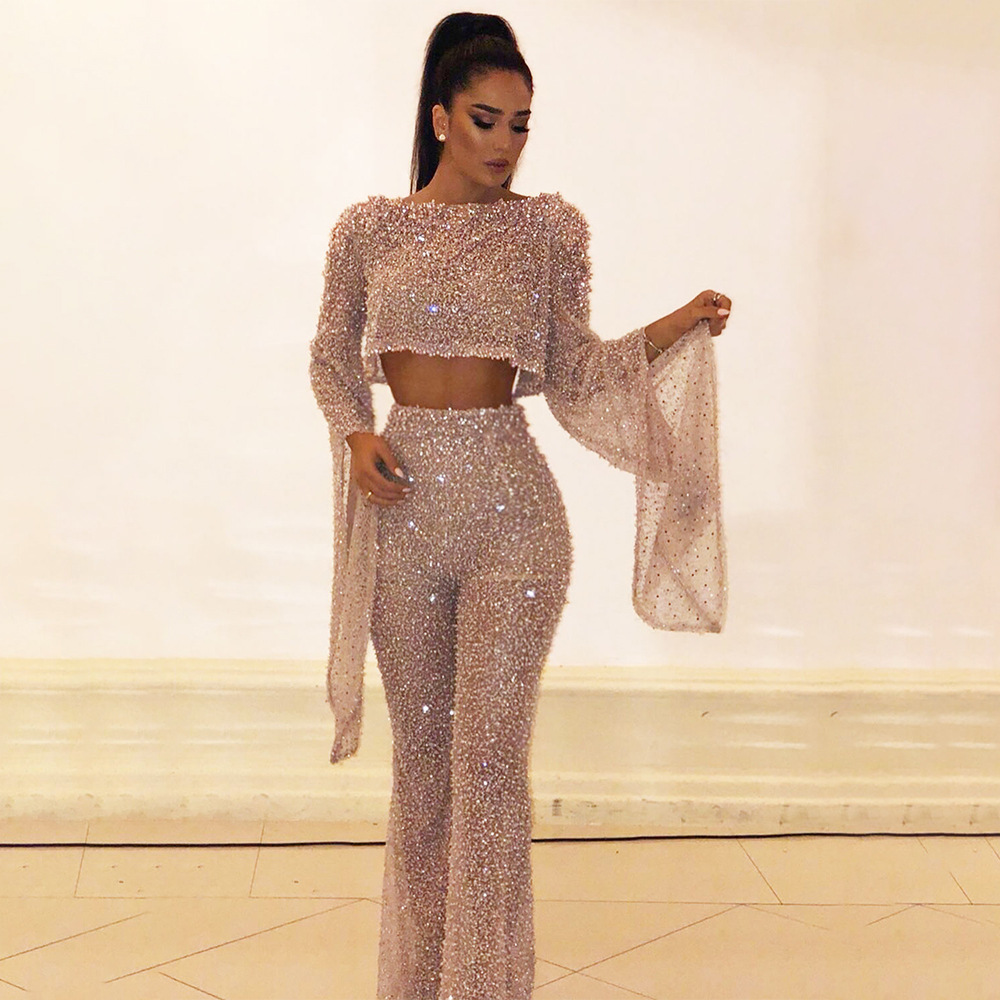Sequins Women Jumpsuit Backless Long Sleeve Fashion Casual Romper Club Party Jumper SY64674
