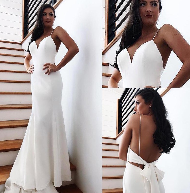 

2020 Cheap Beach Backless Wedding Dresses Sexy Open Back With Bow Long Train Mermaid Bridal Gowns Robe de soriee BM1552, White