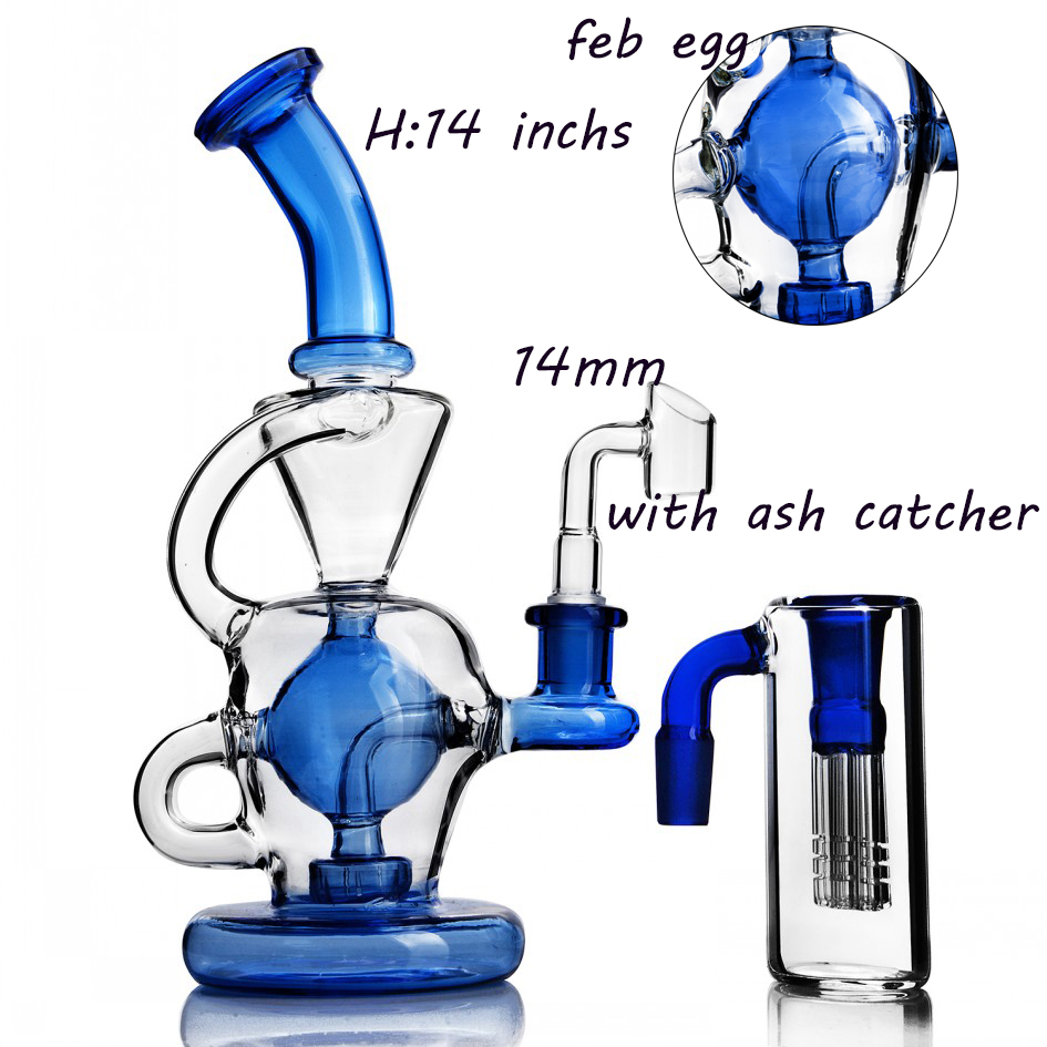 

8.8 inchs feb egg bong with 14mm ash catcher recycler bongs water pipes dab rigs chicha blue glass hookahs