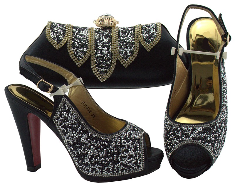 Chaussures noires à la mode pour femmes, ensemble de sac à main assorti avec des escarpins africains en strass et un sac pour robe FGT002, talon