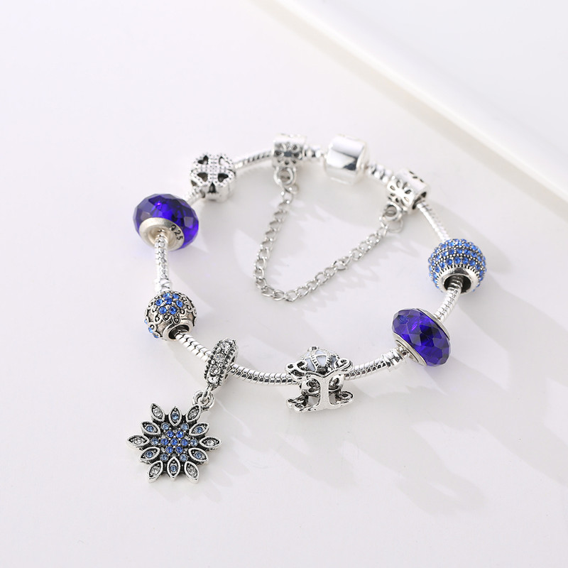 

Wholesale- Charm Bracelet 925 Silver Pandora Bracelets For Women Royal Crown Bracelet Blue Crystal Beads Diy Snowflake Jewelry with Crown
